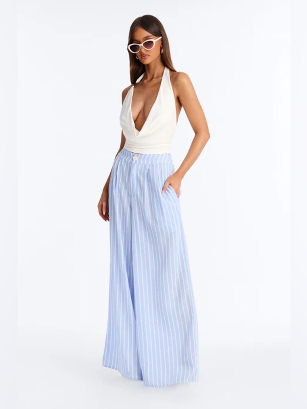 Fashion Nova Light Blue & White Pinstripe Maxi Wide-Leg Skirt